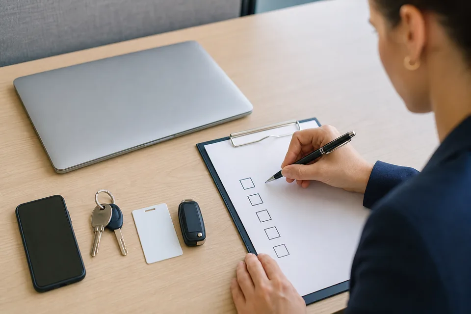 Laptop, telefon, klucze, karta wejściowa i kluczyk do auta służbowego ułożone obok listy kontrolnej, którą odhacza specjalistka HR