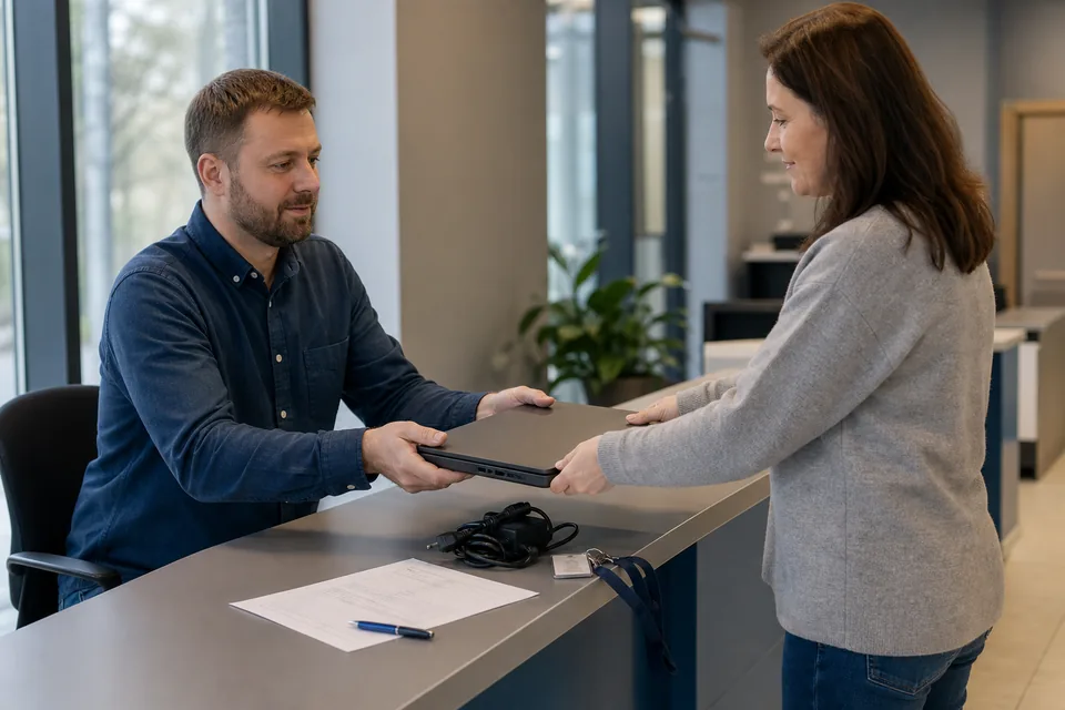 Informatyk odbiera od odchodzącej pracownicy laptop, ładowarkę i kartę wejściową przy biurku z protokołem do podpisu
