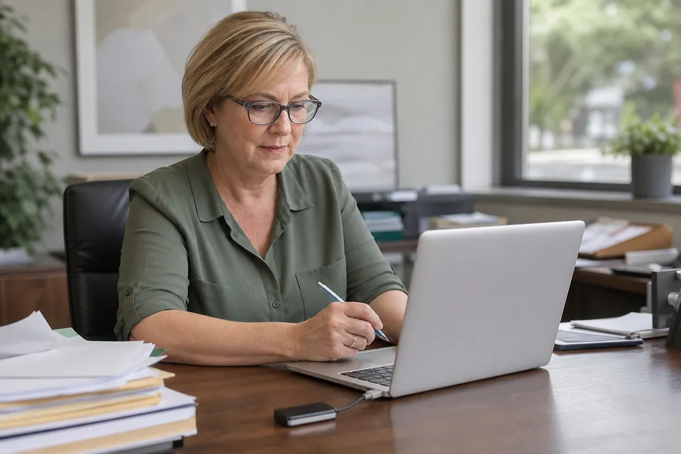 Pracowniczka kadr podpisuje świadectwo pracy podpisem kwalifikowanym na laptopie