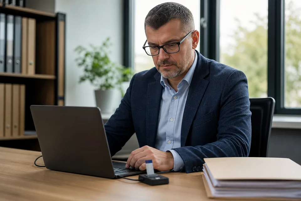 Specjalista HR podpisuje dokument podpisem kwalifikowanym na laptopie z czytnikiem karty
