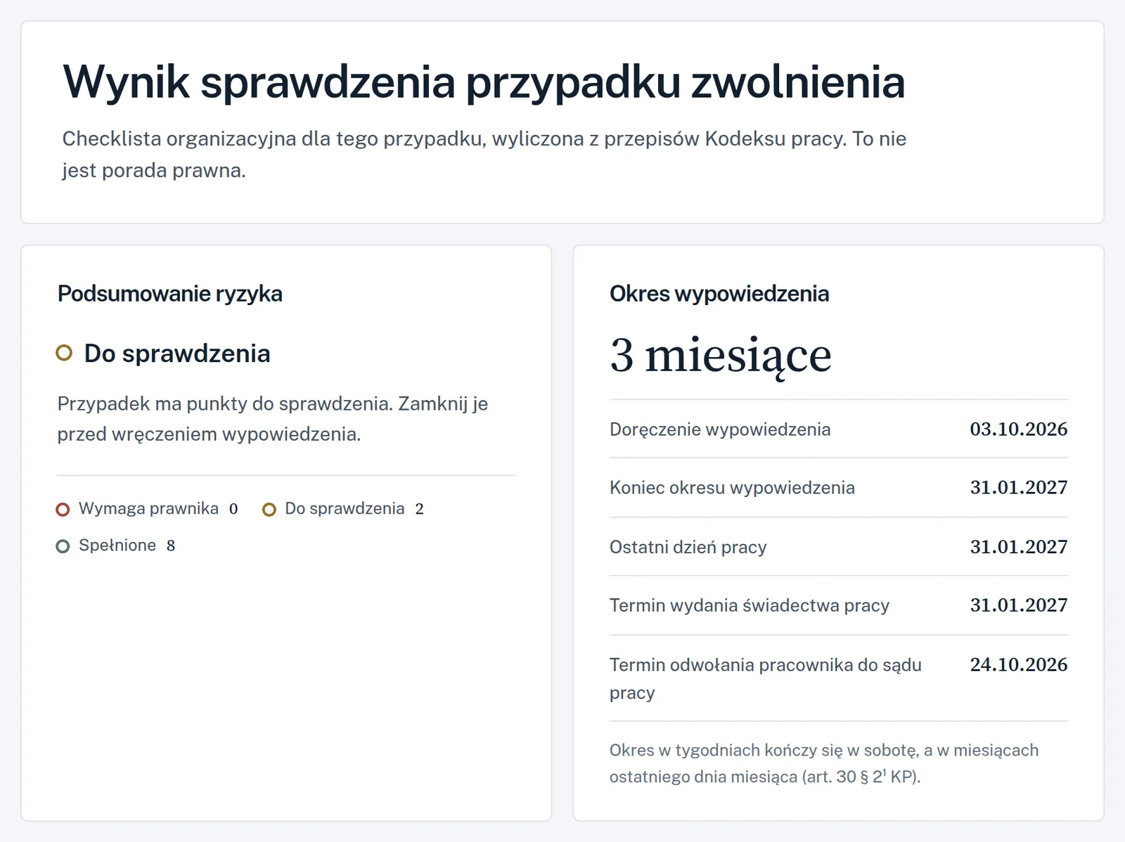 Wynik sprawdzenia przypadku w Zwalniam: podsumowanie ryzyka i okres wypowiedzenia z datami