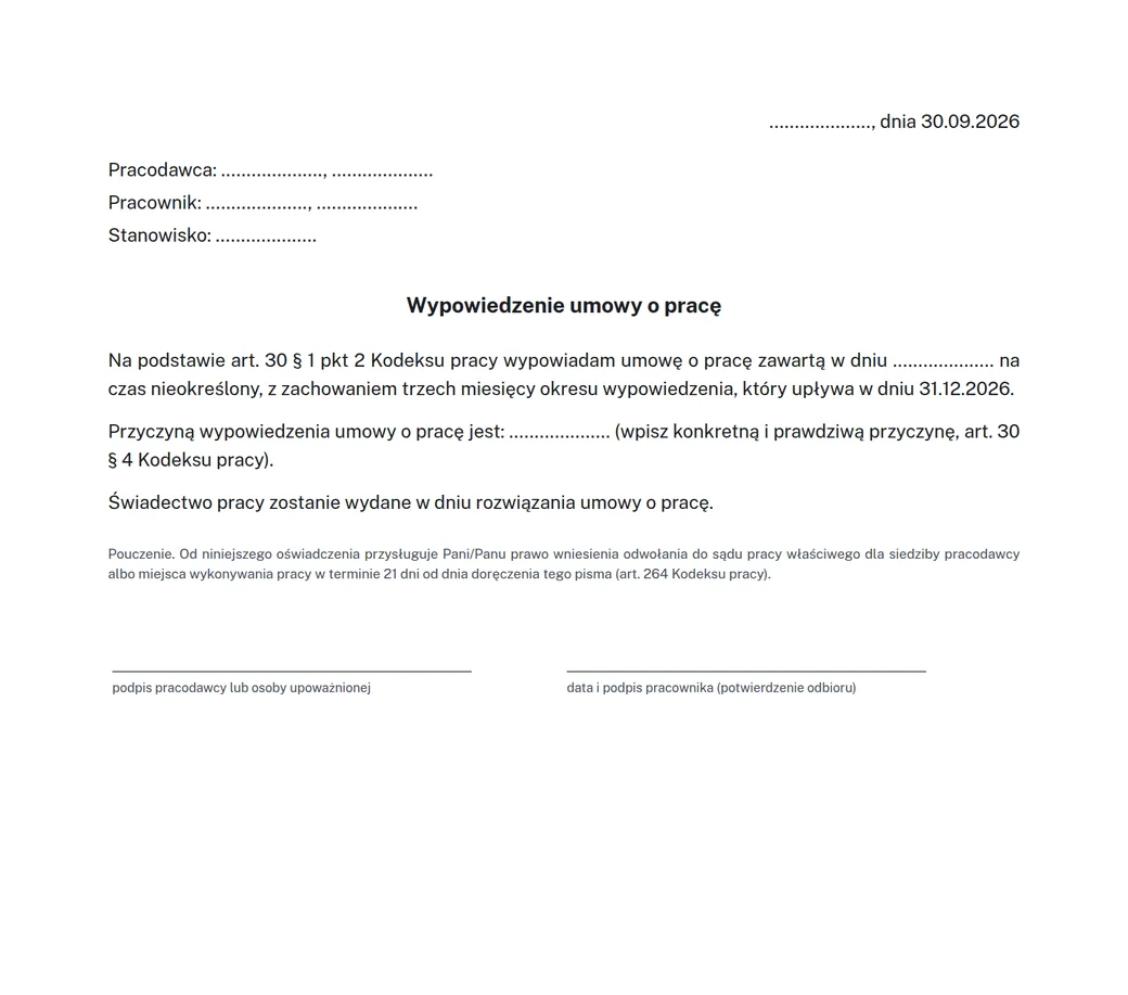 Projekt wypowiedzenia umowy o pracę z szablonu Zwalniam, z miejscem na podpis pracodawcy